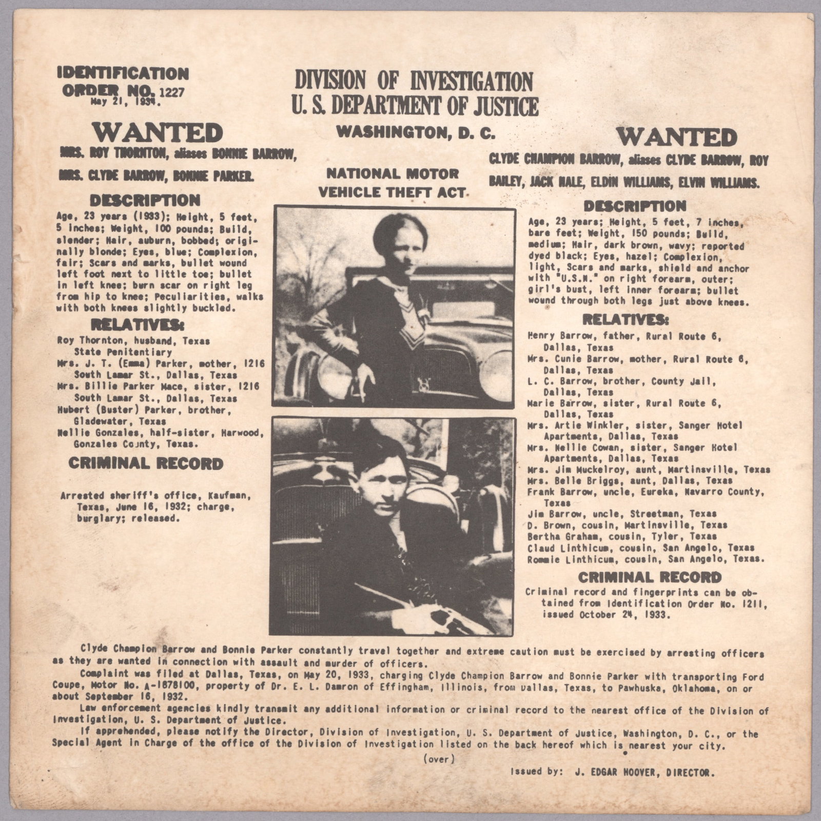 CLYDE BARROW AND BONNIE PARKER WANTED POSTER: A rare original Department of Justice (pre-FBI) ‘wanted’ poster for the notorious outlaw couple, 8 in. x 8 in., showing them in individual images they had taken of each other, setting