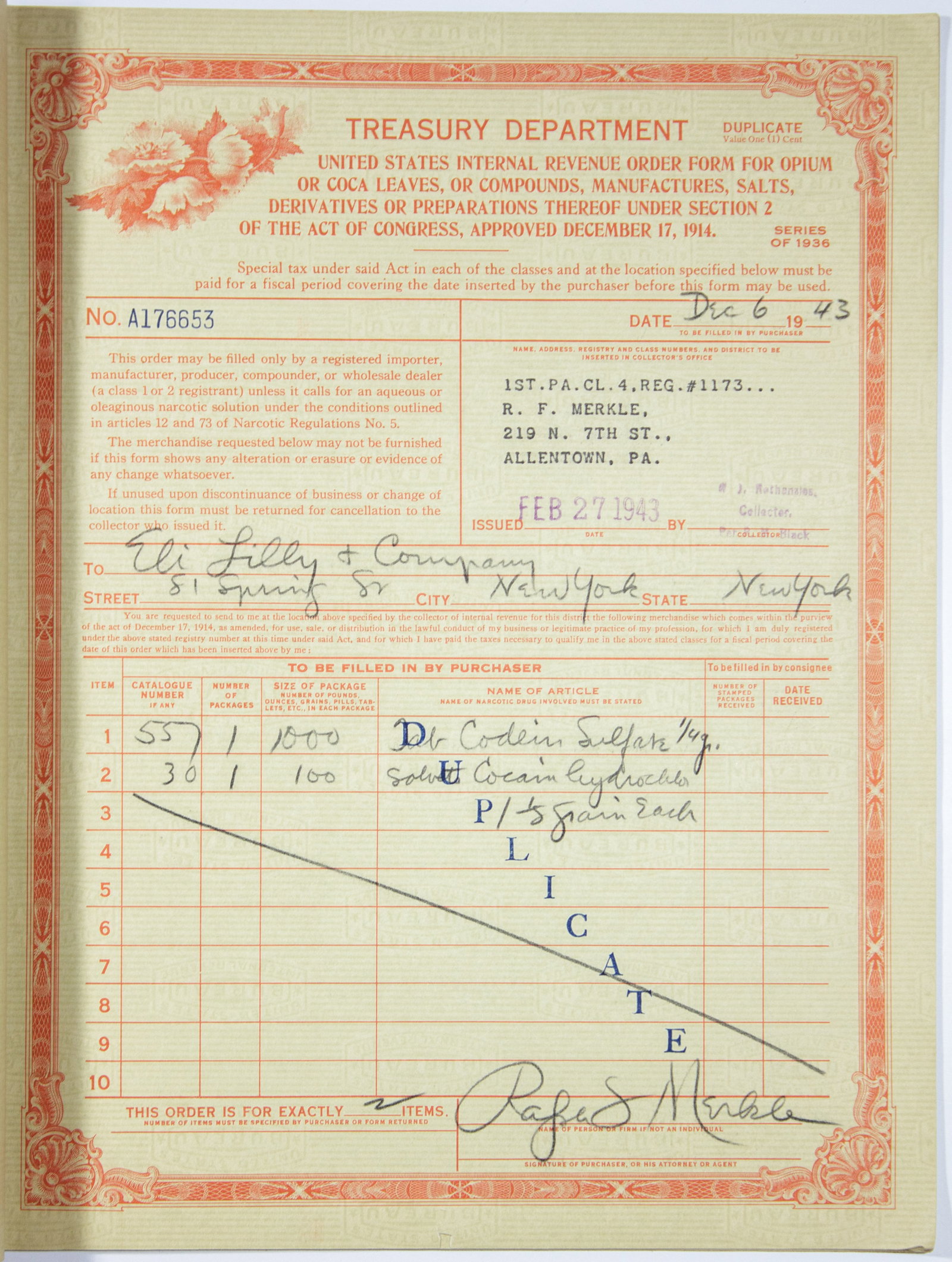 U. S. INTERNAL REVENUE SERVICE OPIUM AND COCAINE ORDER FORMS: Fine lot of two booklets of order forms issued by the I.R.S., Series 1936, documenting sales of ‘...Opium or Coca Leaves, or Compounds, Manufactures, Salts, Derivatives or Preparations Thereof