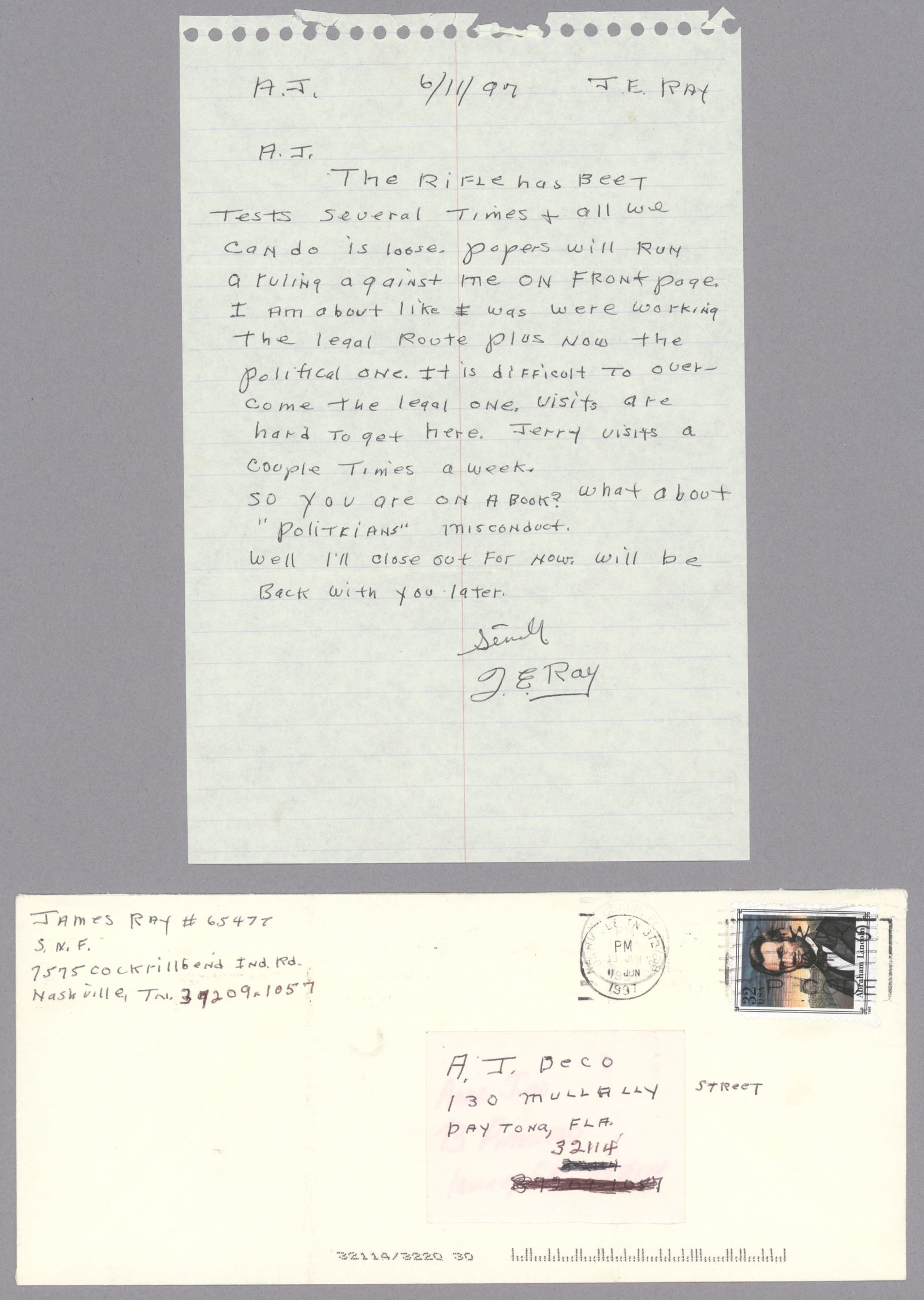 JAMES EARL RAY: (1928 - 1998) Assassin of Martin Luther King, whom he killed in Memphis in 1968. Important content A.L.S. 1p. 8vo., Nashville, June 11, 1997 on lined notepaper to A. J. Deco in Ray’s