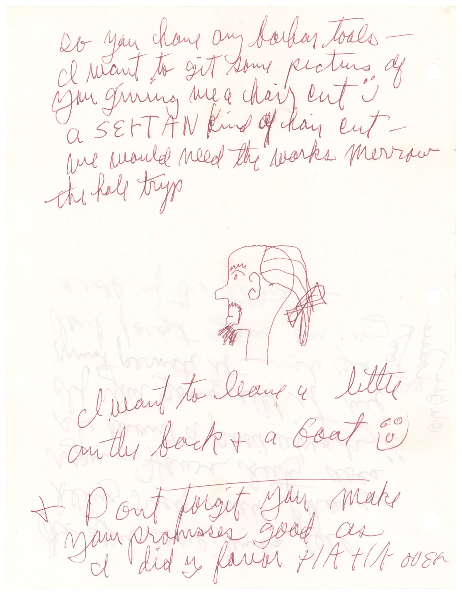 CHARLES MANSON DRAWS HIS SELF-PORTRAIT: CHARLES MANSON (1934 - 2017) Drifter whose 'family' committed the infamous Tate-LaBianca murders in 1969. Unique A.Ms. (unsigned), 2pp. 4to., [n.p., n.d., likely Vacaville ca. 1978] to his
