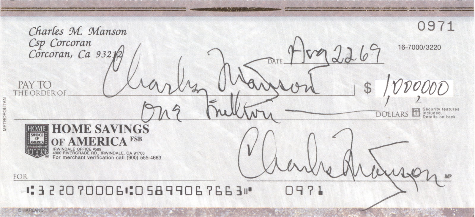 CHARLES MANSON: (1934 - 2017) Drifter whose 'family' committed the infamous Tate-LaBianca murders in 1969. Partly-printed D.S. signed twice, Manson's personal check from his imprisonment in Corcoran, Ca., Aug. 22,