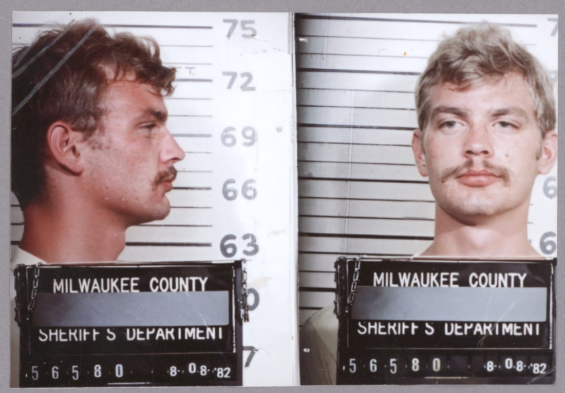 JEFFREY DAHMER MUG SHOT: JEFFREY DAHMER (1960 - 1994) American serial killer who claimed 15 victims, some of whom he consumed. Appropriately beaten to death by a fellow inmate. Dahmer’s mug shot, 5 in. x 3.5 in. color,