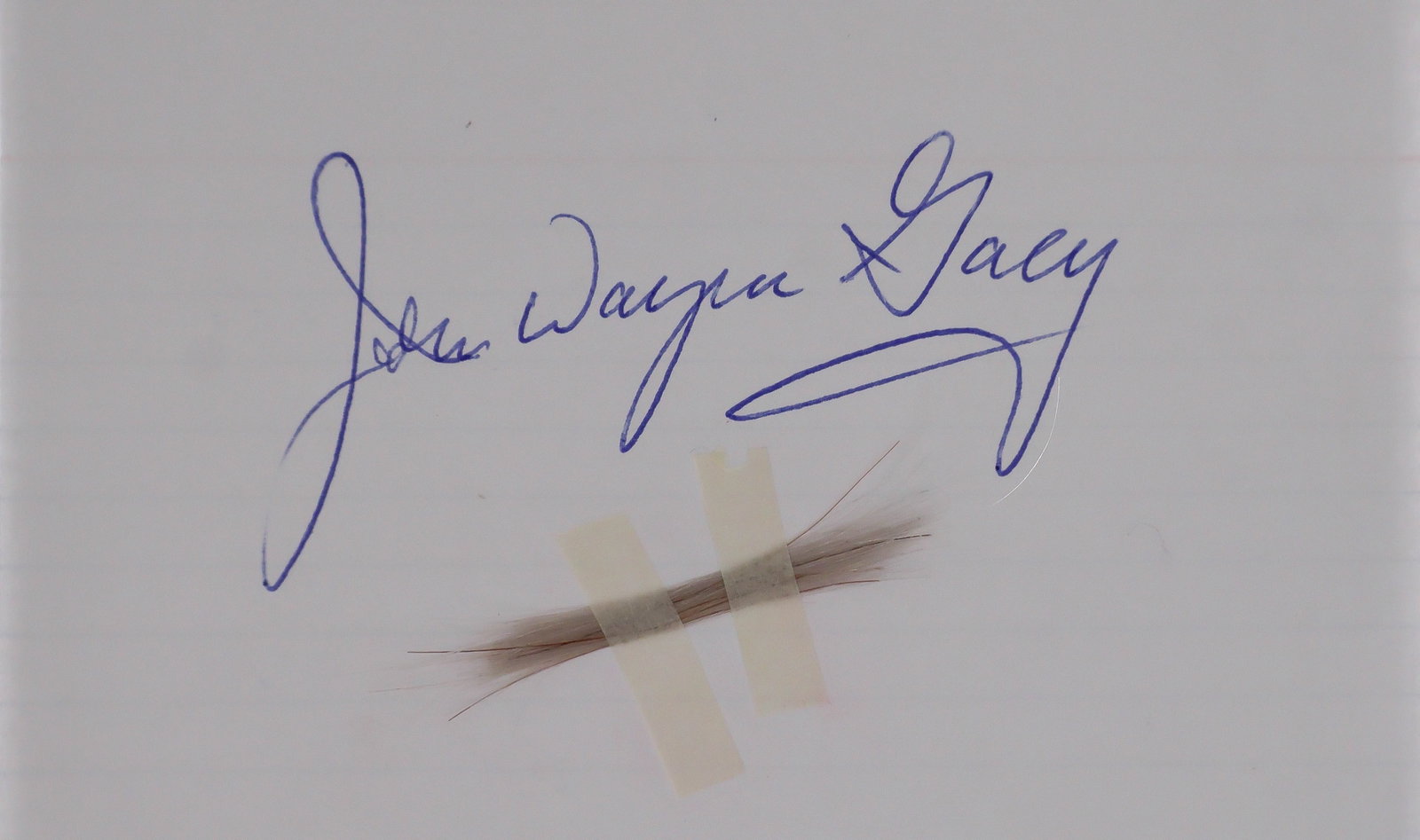 A LOCK OF JOHN WAYNE GACY'S HAIR: JOHN WAYNE GACY (1942-1994) Notorious mass murderer of over thirty young men whom he buried beneath his home, executed after many appeals and postponements. A lock of Gacy’s hair, approx. 2 in.