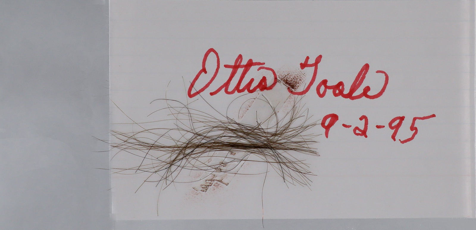 A LOCK OF OTTIS TOOLE'S HAIR: OTTIS TOOLE (1947-1996), American drifter and serial killer convicted of murder in 11 different cases but admitting to up to 3,000 more. A lock of Toole’s hair taped to a 3x5 card, signed by