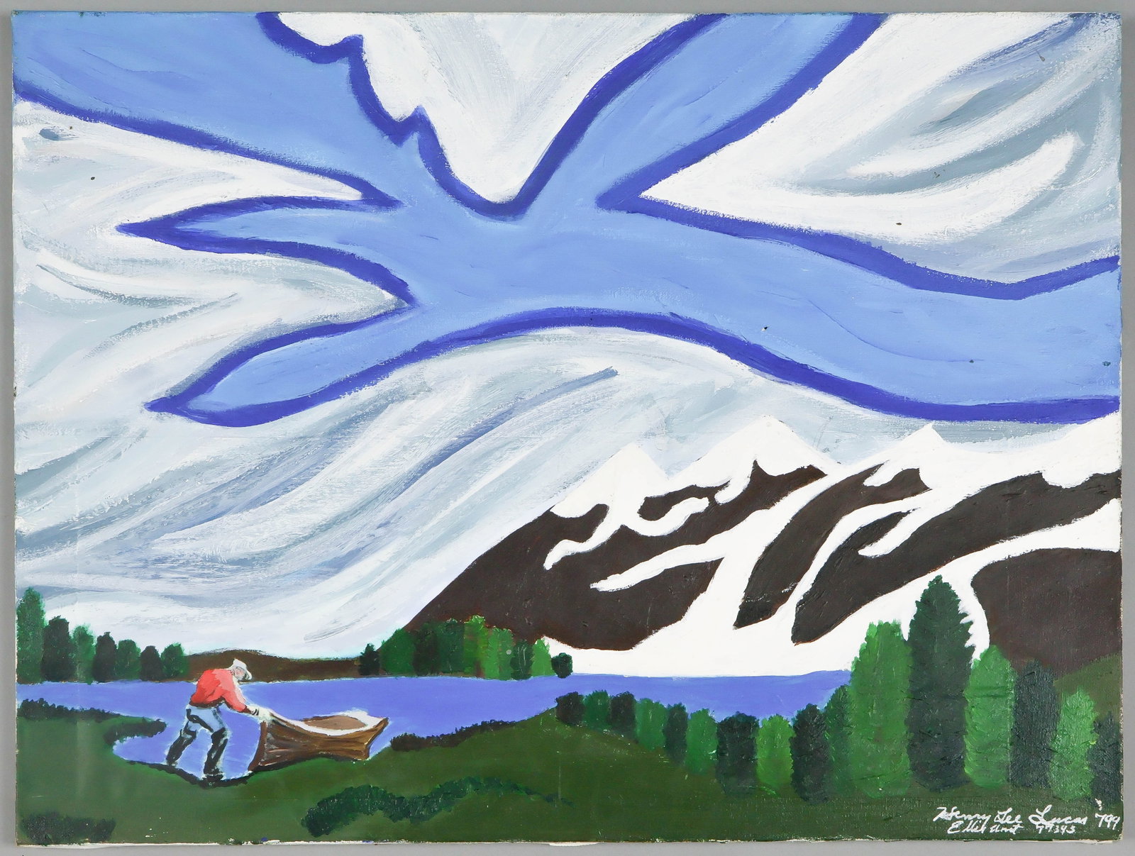 ORIGINAL PAINTING BY HENRY LEE LUCAS: HENRY LEE LUCAS (1950-2001) American serial killer, a drifter who it is believed was responsible for more than fifty random murders. An acrylic painting, 24 in. x 18 in., a mountainous landscape