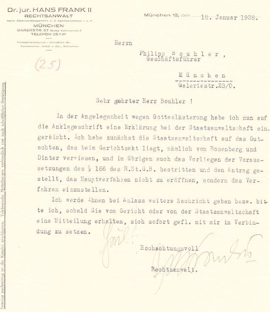 HANS FRANK: HANS FRANK (1900 - 1946) Nazi occupational Governor of Poland partly responsible for the genocide perpetrated there. Fine content early T.L.S. on his letterhead, 1p. 4to., Munich, Jan. 18, 1928 to Phi