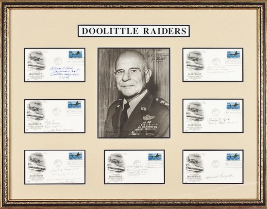 DOOLITTLE RAIDERS: DOOLITTLE RAIDERS A fine framed presentation piece assembling items signed by Gen. JAMES H. DOOLITTLE and seven airmen who flew with him on their historic air raid on Tokyo on Apr. 18, 1942. At center