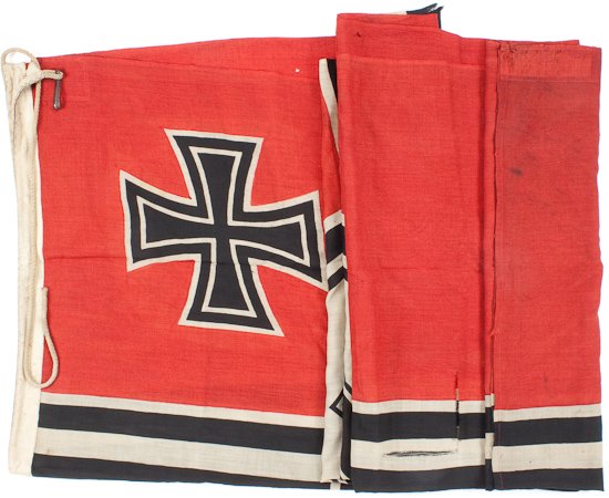 FIRST PATTERN REICHSKRIEGSFLAG: FIRST PATTERN REICHSKRIEGSFLAG Large first pattern Reichskriegsflag used from 1935 to 1938, 70" x 128", cotton construction with printed pattern, canvas-covered hoist marked "Reichskriegsflagge 2X3.35