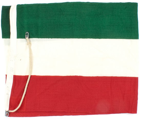 KRIEGSMARINE NATIONAL FLAG: KRIEGSMARINE NATIONAL FLAG Kriegsmarine unknown national flag, 1.5m x 1.8m, cotton two-sided printed design of five stripes of alternating red, white and green (colors of the Italian flag), oversewn a