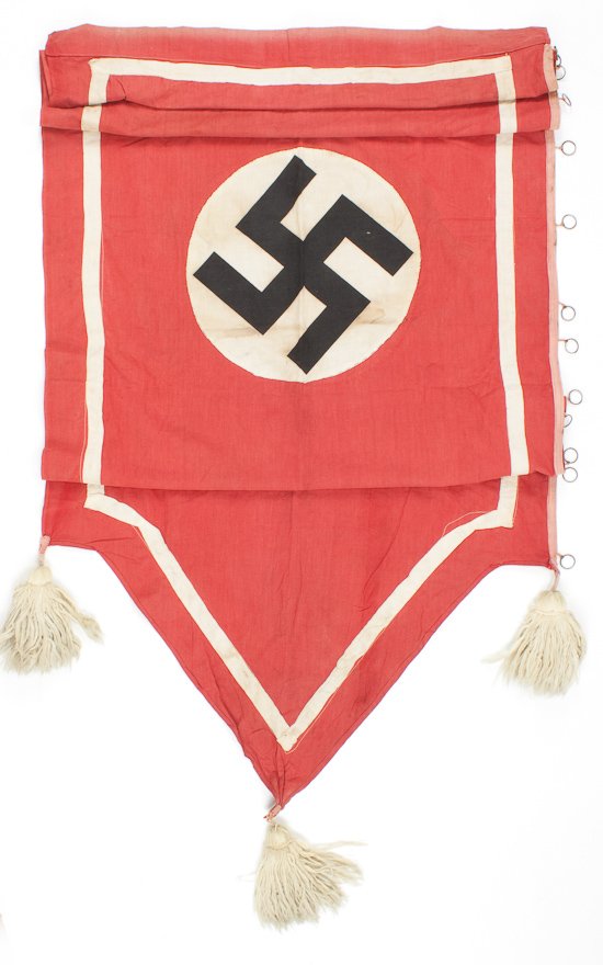 N.S.D.A.P. HANGING OUTDOOR BANNER: N.S.D.A.P. HANGING OUTDOOR BANNER Scarce originals N.S.D.A.P. hanging banner, 80" long, 29" wide, a well-crafted two sided cotton banner with separate white field and printed swastika sewn at center o
