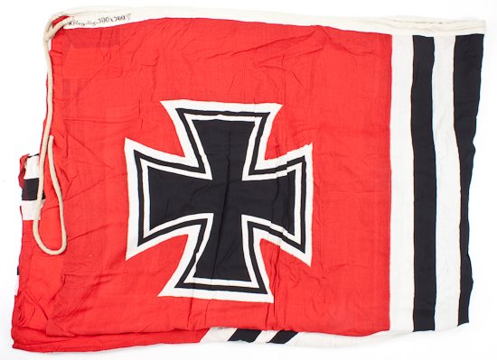OVERSIZE REICHSKRIEGS FLAG: OVERSIZE REICHSKRIEGS FLAG Very large Reichskriegs flag, 5 meters wide, 3 meters tall, reinforced with overstitching about all the edges, thick rayon reinforced hoist which is stamped "Kriegsflg. 300x