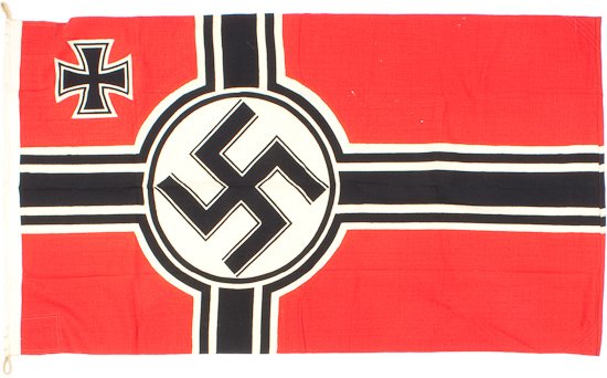 REICHSKRIEGS FLAG: REICHSKRIEGS FLAG Fine condition German war ensign, 53" x 30", cotton with design printed on both sides and far corners over-sewn to prevent tattering. The hoist is also reinforced with a canvas cover