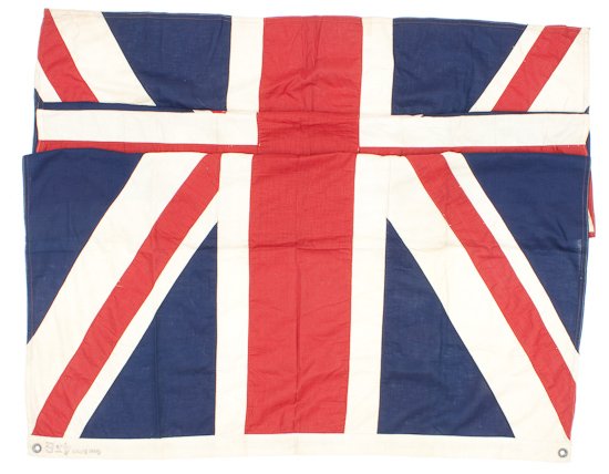 BRITISH UNION JACK: BRITISH UNION JACK World War II era high quality cotton British Union Jack, 4" x 6", canvas hoist ink stamped with size and country. Very well constructed from individual pieces, possibly naval use. V