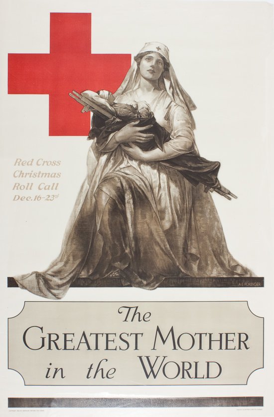 WORLD WAR I RED CROSS POSTER: WORLD WAR I RED CROSS POSTER Scarce American Red Cross poster from World War I, 28" x 42", shows a symbolic, oversized Red Cross nurse cradling a wounded, stretcher-bound soldier in her arms, captione