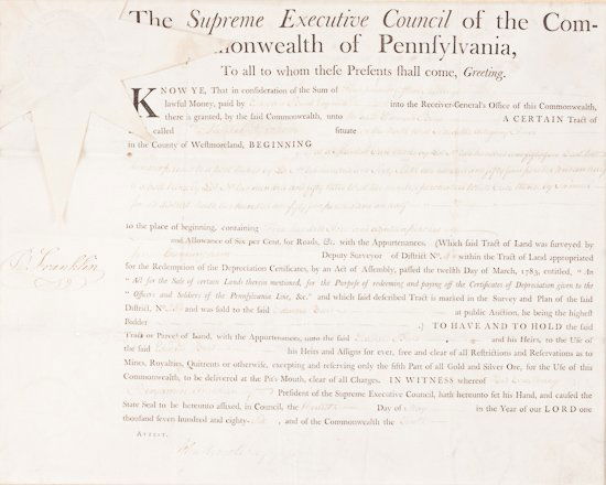 BENJAMIN FRANKLIN: BENJAMIN FRANKLIN (1706 - 1790) American statesman, inventor, and author, Signer of the Declaration of Independence and the Constitution. Fine D.S. "B. Franklin" as President of the Supreme Executive