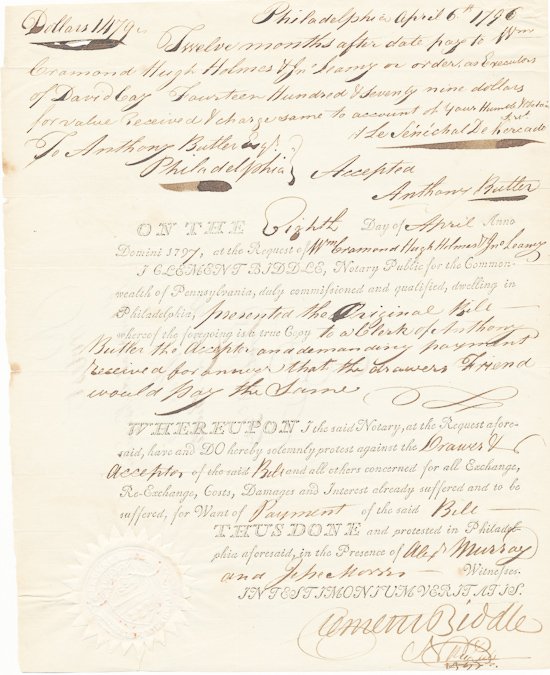 CLEMENT BIDDLE: CLEMENT BIDDLE (1740 - 1814) "The Quaker General" organized and led the"Quaker Blues" against the British and fought under Nathanial Greene as well. Manuscript D.S. "Clement Biddle" as notary Public, 