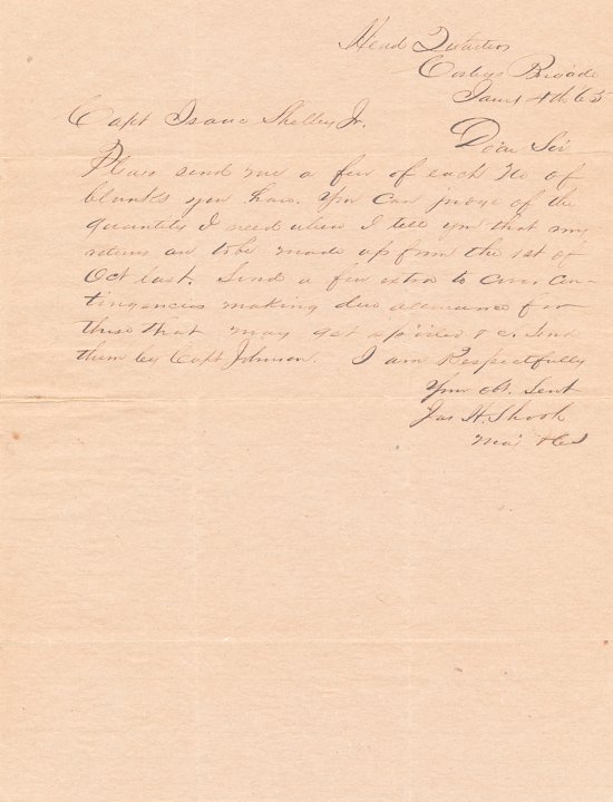 MAJOR JAMES H. SHOOK - COSBY'S BRIGADE: MAJOR JAMES H. SHOOK - COSBY'S BRIGADE First (Cosby's) Brigade served in Gen. William T. Martin's division of the cavalry under General Earl Van Dorn. A.L.S. 1p. 4to., "Head Quarters Cosbys Brigade",