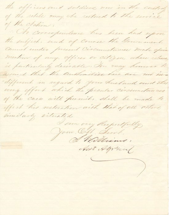 SETH WILLIAMS: SETH WILLIAMS Good content war-date L.S., 2pp. 4to., Washington, Dec. 9, 1861 to the wife of First Lt. John W. Dempsey of the 82nd N.Y. Infantry, wounded and captured at First Manassas on July 21, 186