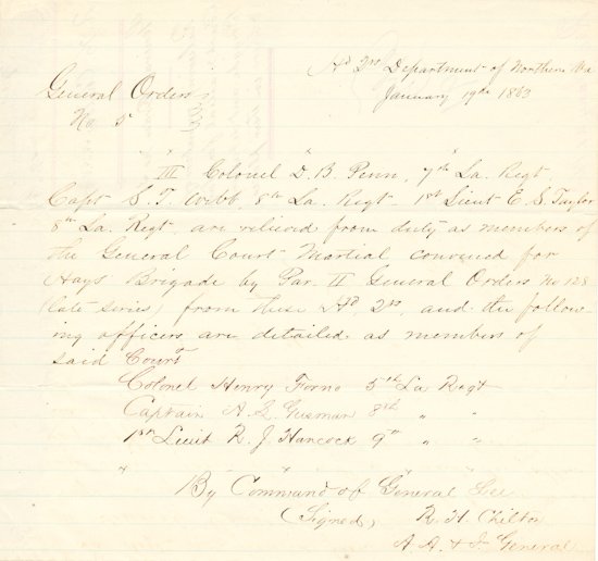 C.S.A. GENERAL ORDER NO. 5: C.S.A. GENERAL ORDER NO. 5 C.S.A. ephemera, a retained copy of General Order No. 5 issued in the name of Robert E. Lee, 1p. oblong 8vo., [n.p.], Jan. 19, 1893, relieves members of a court martial for 