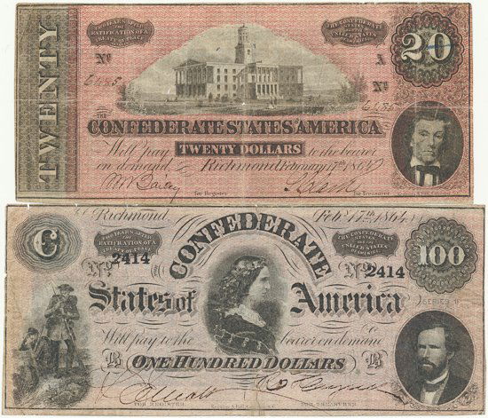 CONFEDERATE CURRENCY: CONFEDERATE CURRENCY Lot of two Confederate banknotes, includes a $100 bill, Feb. 17, 1864 issue, stamped 2414, some wrinkling, with a $20.00 note of the same issue, hand-numbered 6485, worn a bit at