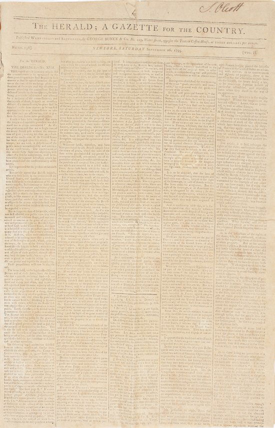 A BOUNTY ON THE TRELAWNEY TOWN MAROONS: A BOUNTY ON THE TRELAWNEY TOWN MAROONS Newspaper, The Herald; A Gazette for the Country, New York, Sep. 26, 1795, 4pp. folio, reports on British/American citizens' property rights and within has a sto