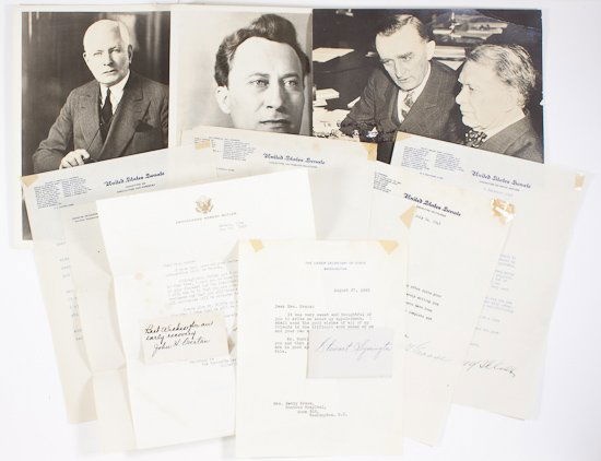POLITICIANS AND SENATORS: POLITICIANS AND SENATORS Mixed grouping of various items signed by American politicians, all ca. 1940s, sent to the secretary of a senator. Includes T.L.S.s of JOHN MCCORMACK, ROBERT BUTLER, BURTON WH