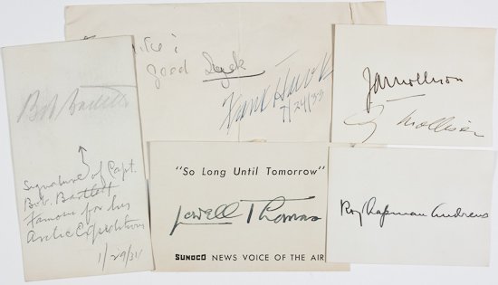 AVIATORS AND EXPLORERS: AVIATORS AND EXPLORERS Lot of five cards signed by important aviators and explorers, including: AMY MOLLISON and JAMES MOLLISON on the same card, BOB BARTLETT (pencil), FRANK HAWKS, ROY CHAPMAN ANDREW