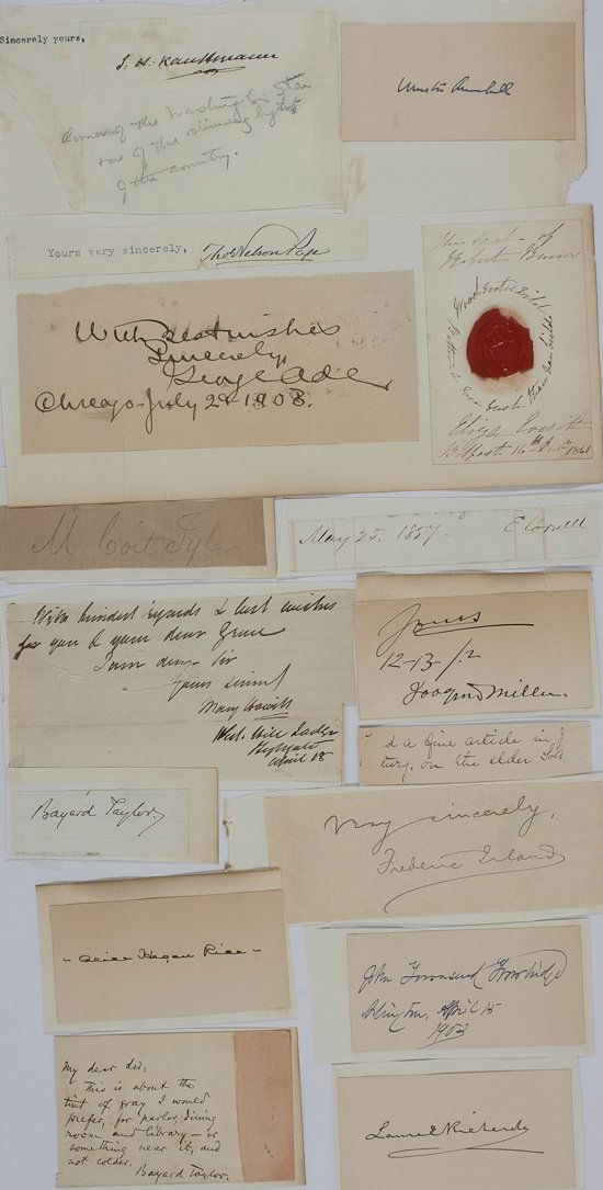 AUTHORS: AUTHORS A lot of 16 signatures of nineteenth-century authors, each executed on a small sheet and mounted. Includes: BAYARD TAYLOR (2), MOSES COIT TYLER, ALICE HEGAN RICE, LAURA E. RICHARDS, JOHN TOWNS