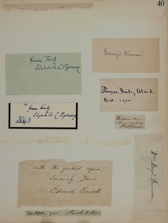 NINETEENTH CENTURY AUTHORS: NINETEENTH CENTURY AUTHORS A group of 15 signatures of authors, each on a small sheet affixed to two separate album pages, include: OLIVER WENDELL HOLMES, WILLIAM DEAN HOWELLS, CHARLES HENRY WEBB, PAR