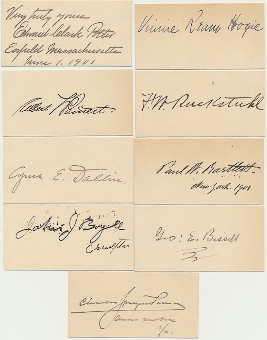 SCULPTORS: SCULPTORS A lot of 11 signatures by nineteenth century sculptors, executed on small cards, includes: EDWARD CLARK POTTER, VINNIE DEAN HOXIE, ALBERT WEINERT, FREDERICK RUCKSTAHL, CYRUS E. DALLIN, PAUL