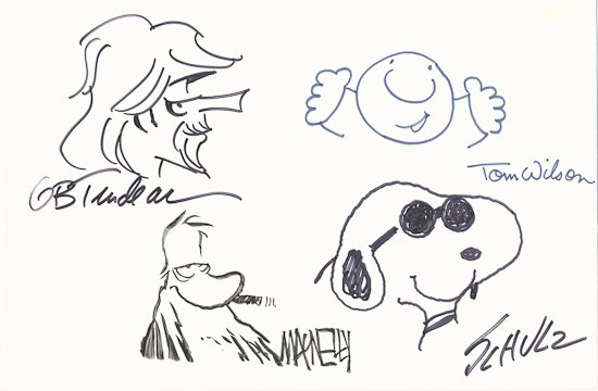 FAMOUS CARTOONISTS: FAMOUS CARTOONISTS Fine gathering of four famous cartoon characters drawn by their creators and signed, executed on a 10 1/2" x 7" piece of bright white cardboard. Included is CHARLES M. SCHULZ who ha