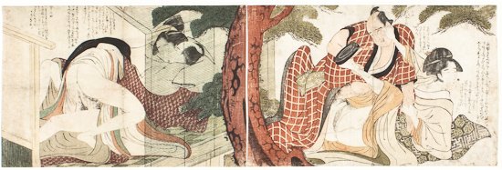 EROTIC 18TH CENTURY JAPANESE PRINTS: EROTIC 18TH CENTURY JAPANESE PRINTS A matched pair of late 1700s - early 1800s erotic Japanese woodblock prints (Shunga), each 13 1/2" x 9", the first image showing the amorous couple engaged behind a