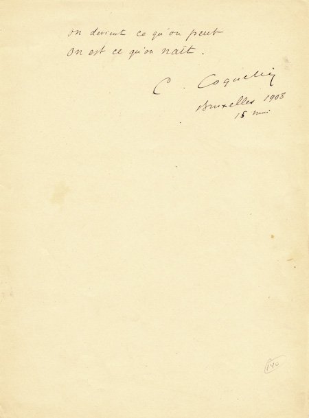 BENOIT-CONSTANT COQUELIN: BENOIT-CONSTANT COQUELIN (1841-1909) French stage actor with the Comedie-Francaise, best remembered for his fine portrayal of Cyrano de Bergerac. A.Q.S. penned in French at the top of a 4to. sheet, in