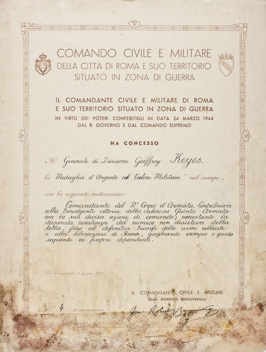 GEN. GEOFFREY KEYES IS HONORED AS A LIBERATOR OF ROME: GEN. GEOFFREY KEYES IS HONORED AS A LIBERATOR OF ROME ROBERTO BENCIVENGA (1872-1949) Italian politician and general. In 1943 he began to participate in the resistance, as commander of the Military Cla