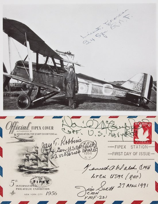 ALLIED ACES: ALLIED ACES Lot of two signed items includes a first day postal cover signed by USAAF ace JAY T. ROBBINS (22 kills), U.S.N. top ace DAVID MCCAMPBELL (34 kills, M.O.H.), Marine Corps ace JAMES E. SWETT