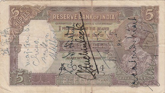 BURMA CAMPAIGN "SHORT SNORTER": BURMA CAMPAIGN "SHORT SNORTER" India five rupee bank note signed in 1945 by eight military men, three identified by us including: CLAUDE JOHN AUCHINLECK (1884-1981) Commander of British forces in Indi