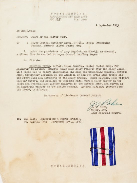 GEN. GEOFFREY KEYES' SILVER STAR SILVER STAR CITATION: GEN. GEOFFREY KEYES' SILVER STAR SILVER STAR CITATION AND REPAIR RIBBON Fine D.S., 1p. 4to., "Headquarters Seventh Army", Sep. 1, 1943, the signed Silver Star citation given to Gen. GEOFFREY KEYES (18