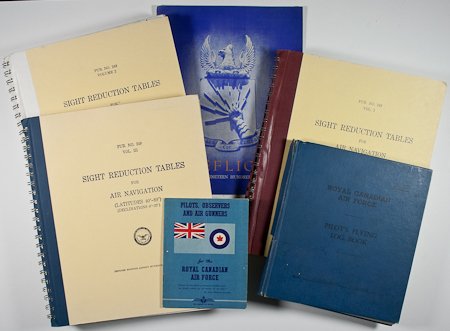 B-17 PILOT'S LOGBOOKS, MAP, NAVIGATIONAL INSTRUMENTS: B-17 PILOT'S LOGBOOKS, MAP, NAVIGATIONAL INSTRUMENTS AND REFERENCE TABLES Large grouping of ephemera from World War II B-17 pilot Capt. Charles F. Hanselman, includes: Royal Canadian Air Force Pilot's