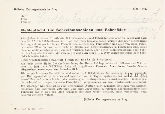 JEWS MUST REPORT TYPEWRITERS AND BICYCLES: JEWS MUST REPORT TYPEWRITERS AND BICYCLES Bizarre printed document, 2pp. oblong 8vo., Prague, Sep. 4, 1941, issued to Paul Leidler, in German, an order that all typewriters and bicycles must be regist