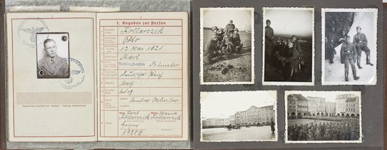 K.I.A. GERMAN SOLDIER'S PHOTO ALBUM AND WEHRPASS: K.I.A. GERMAN SOLDIER'S PHOTO ALBUM AND WEHRPASS Photo album and Wehrpass once belonging to Otto Kollarczik, killed on the Russian front. The soldier's Wehrpass shows that he was born on May 12, 1921 