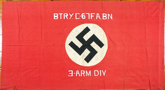 3RD ARMORED DIVISION CAPTURED AND SIGNED NAZI FLAG: 3RD ARMORED DIVISION CAPTURED AND SIGNED NAZI FLAG A great war souvenir, a 50" x 88" cotton NSDAP flag captured by members of Battery C, 67th Artillery Battalion of the Third Armored Division in Germa