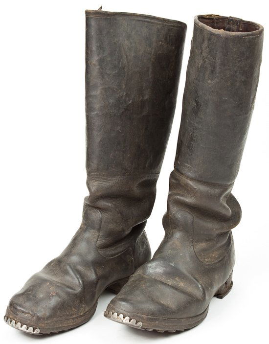 WEHRMACHT OFFICER'S FIELD BOOTS: WEHRMACHT OFFICER'S FIELD BOOTS Pair of Wehrmacht officer's field boots, 16" tall, sole 11 1/2" long, very heavily hobnailed with steel tap at toe and U-shaped heel plate. Obviously worn and used for
