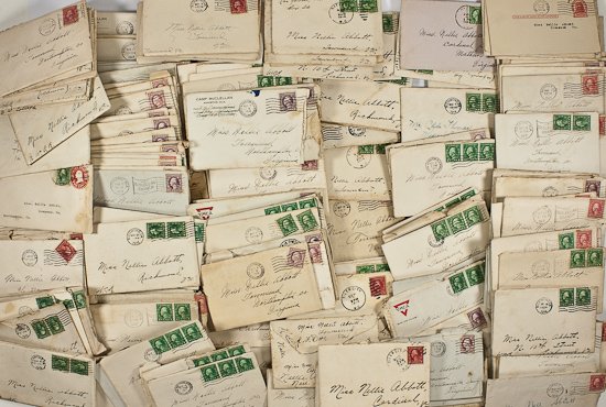 WORLD WAR I CORRESPONDENCE OF PVT. THOMAS M.: WORLD WAR I CORRESPONDENCE OF PVT. THOMAS M. CUNNINGHAM...AND HIS FELLOW SUITORS Large grouping, approx. 150 letters and covers, sent by Pvt. Thomas M. Cunningham to his girlfriend, Miss Nellie Abbott