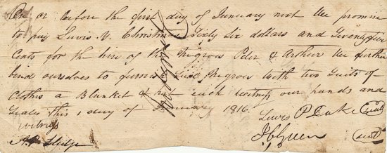SLAVE HIRE RECEIPT: SLAVE HIRE RECEIPT Southern slave receipt, 1p. 12 mo., [n.p.] Jan. 1, 1816, concerns the hire of two slaves in which Lewis P. Duke and J. C. Green: "â€¦promise to pay Louis Y. Christmas sixty six 