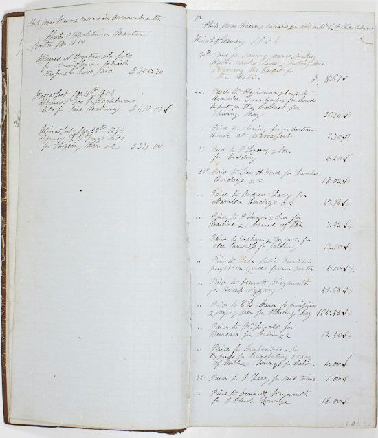 1860S MERCHANT SHIP EXPENSE BOOK: 1860S MERCHANT SHIP EXPENSE BOOK Expense book of the "Ship Jonas Waern & owners in account with Charles P. Washburn Commander", 7" x 14 1/2", about 200pp. of which 20pp. bear entries, begins: "On Tues