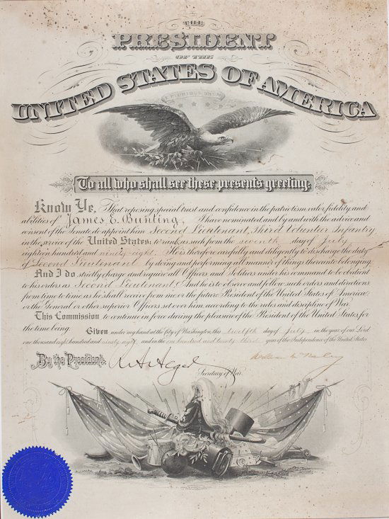 WILLIAM MCKINLEY: WILLIAM MCKINLEY (1843 - 1901) Twenty-fifth President of the United States, acquired Cuba, Puerto Rico, Guam and Hawaii, assassinated. Partly-printed D.S. "William McKinley" as President, 1p folio, Wa