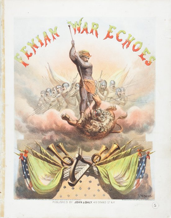 FENIAN WAR ECHOES: "FENIAN WAR ECHOES" Extremely rare, colorful sheet music titled: "FENIAN WAR ECHOES", issue No. 1 containing the song "The Green Above the Red", 6pp. 10 1/4" x 13", published by John J. Daly, New York