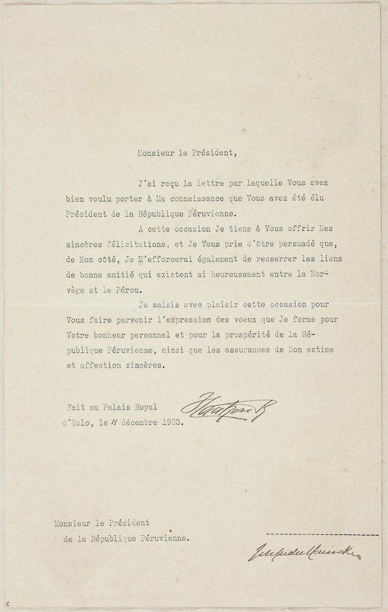 HAAKON VII: HAAKON VII (1872-1957) King of Norway for nearly 52 years, remembered for his courage in the face of the German attack and invasion during World War II. T.L.S. "Haakon R", 1p. legal folio, Oslo, Dec.