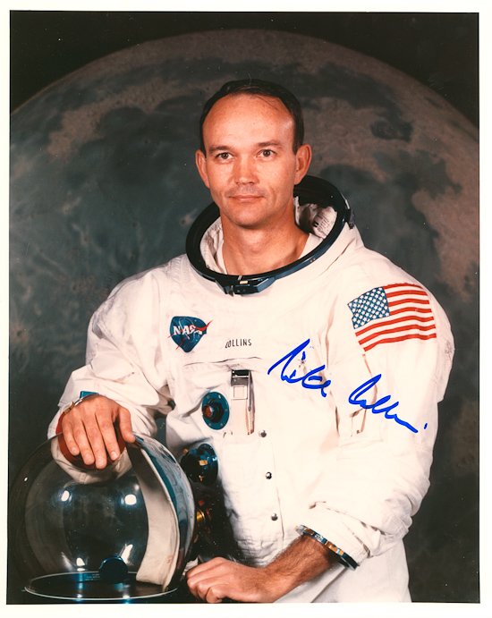 MICHAEL COLLINS: MICHAEL COLLINS (b. 1930) American astronaut, Command Module pilot for the Apollo 11 mission. Excellent S.P. 8" x 10" color, shows Collins in a space suit with his hand resting upon his helmet, with a