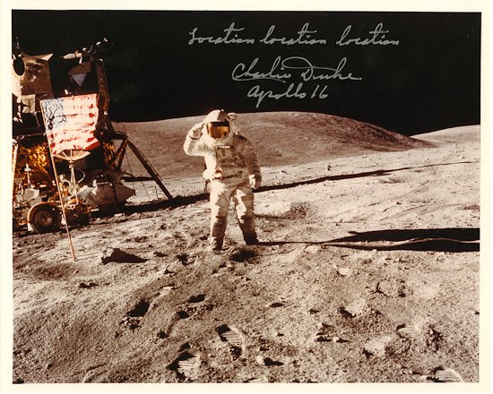 CHARLES DUKE: CHARLES DUKE (b. 1935) American astronaut who flew on the Apollo 16 mission, one of only twelve to walk on the moon. Superb S.P. 10" x 8" color, a fantastic shot of Duke on the moon saluting the camer